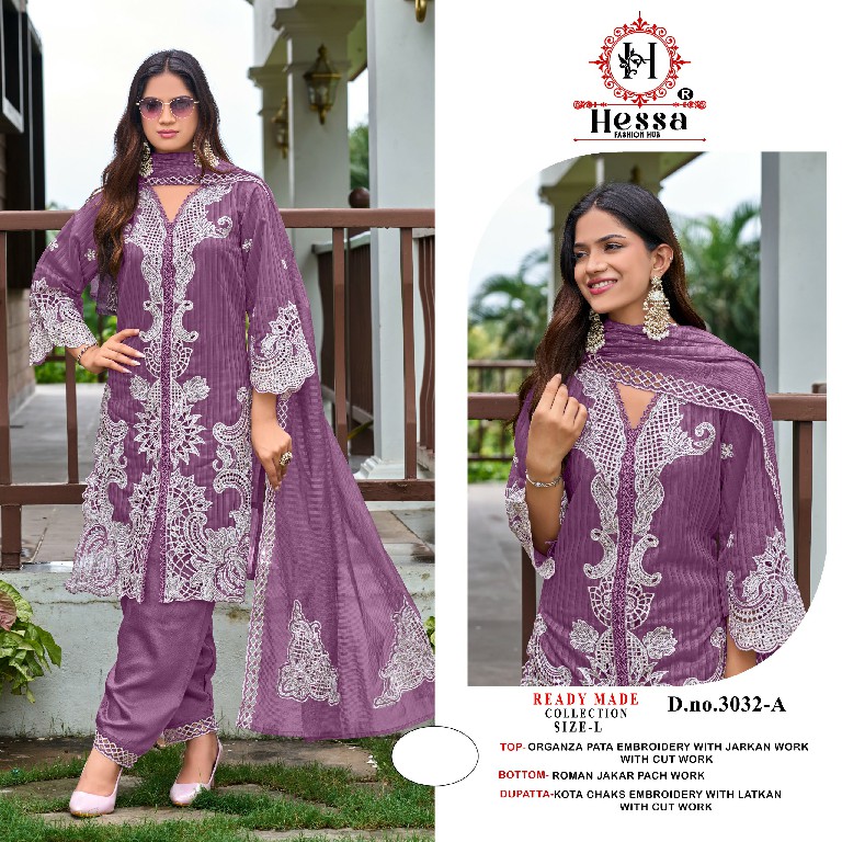 HESSA D.NO 3032 WHOLESALE READYMADE ORGANZA WITH WORK PAKISTANI 3 PCS SUITS SUPPLIER