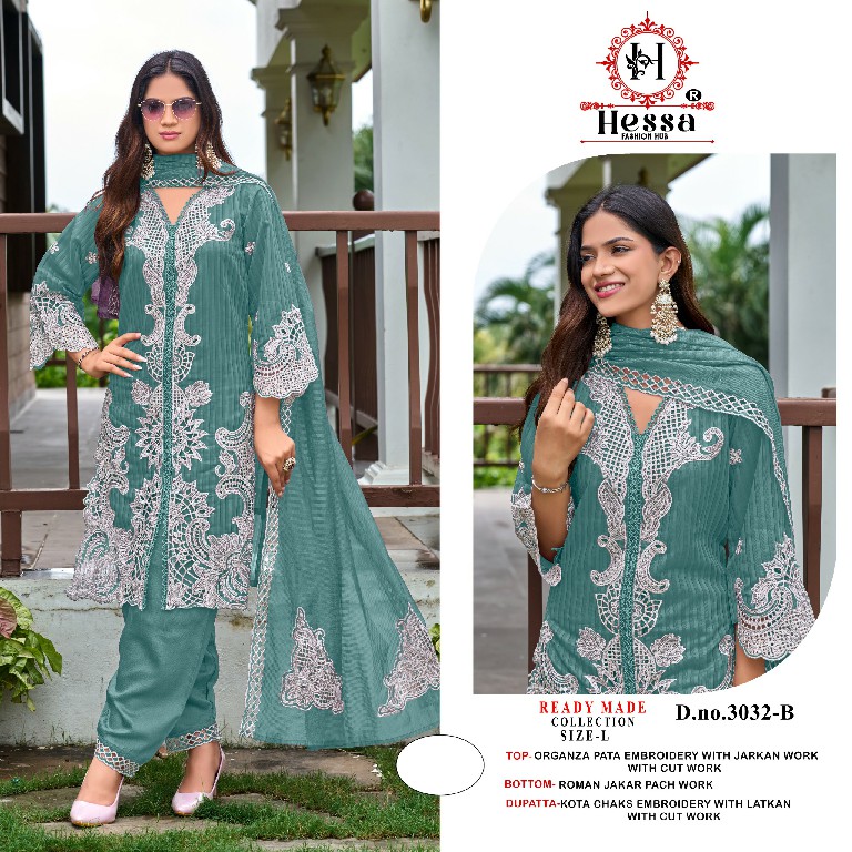HESSA D.NO 3032 WHOLESALE READYMADE ORGANZA WITH WORK PAKISTANI 3 PCS SUITS SUPPLIER