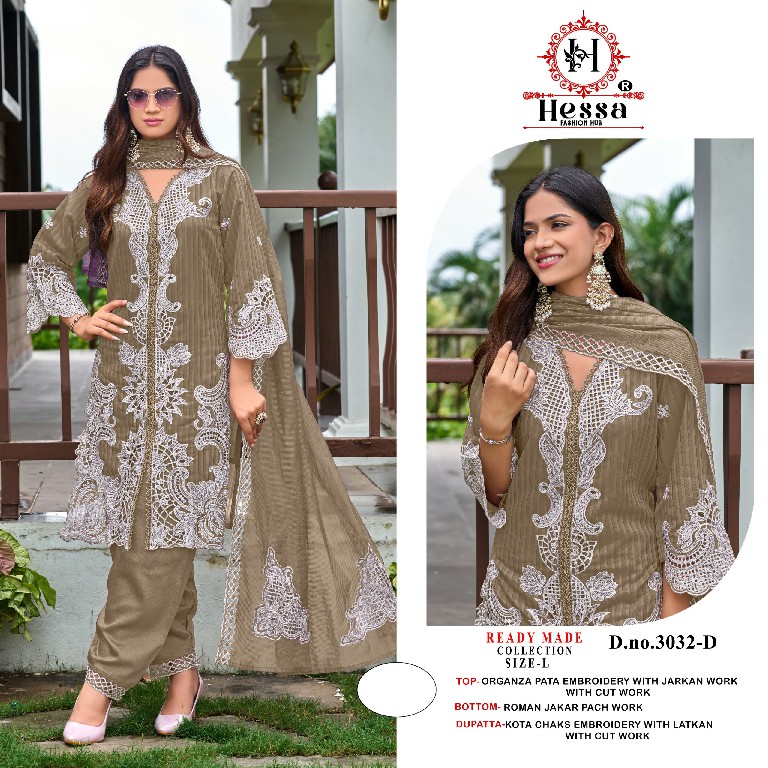 HESSA D.NO 3032 WHOLESALE READYMADE ORGANZA WITH WORK PAKISTANI 3 PCS SUITS SUPPLIER