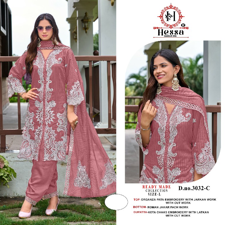 HESSA D.NO 3032 WHOLESALE READYMADE ORGANZA WITH WORK PAKISTANI 3 PCS SUITS SUPPLIER