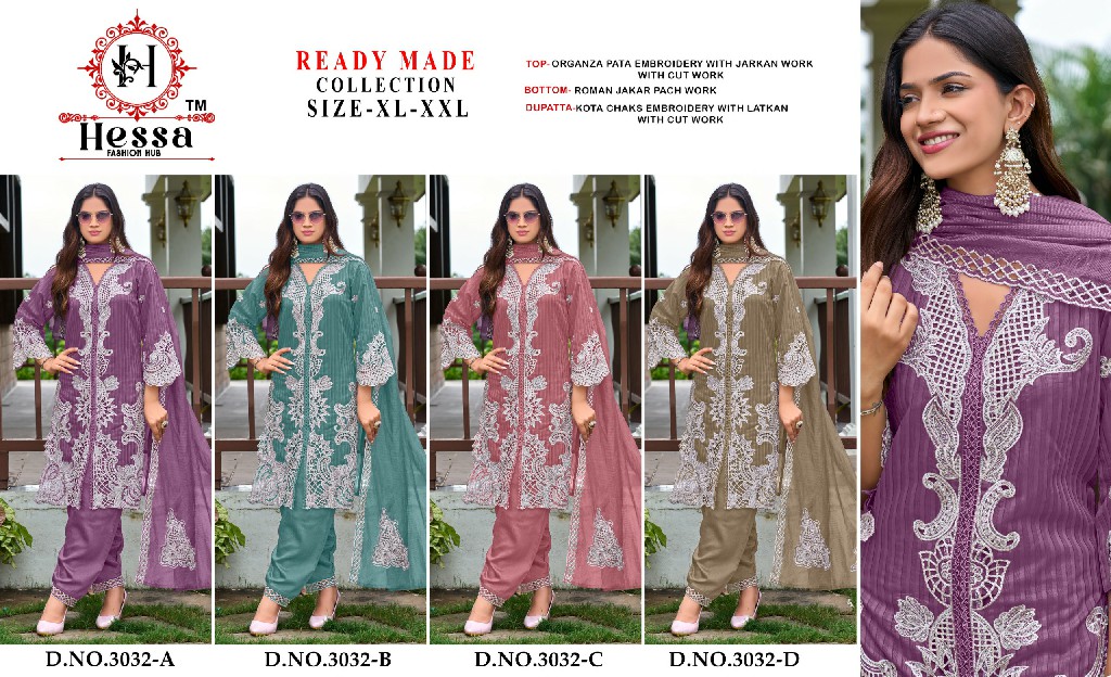 HESSA D.NO 3032 WHOLESALE READYMADE ORGANZA WITH WORK PAKISTANI 3 PCS SUITS SUPPLIER