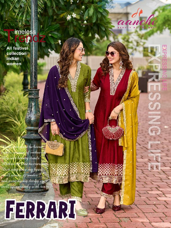 AANCHI FERRARI WHOLESALE READYMADE VICHITRA SILK LATEST FASHION 3 PCS SUITS EXPORTER