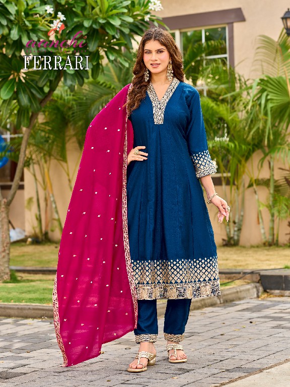 AANCHI FERRARI WHOLESALE READYMADE VICHITRA SILK LATEST FASHION 3 PCS SUITS EXPORTER