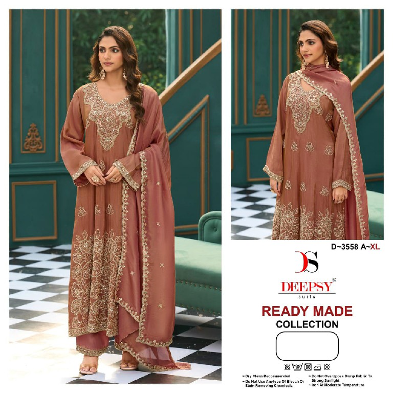 DEEPSY D.NO 3558 WHOLESALE READYMADE VISCOSE TISSUE SILK ANARKALI SPECIAL 3 PCS SUITS FOR EXPORT
