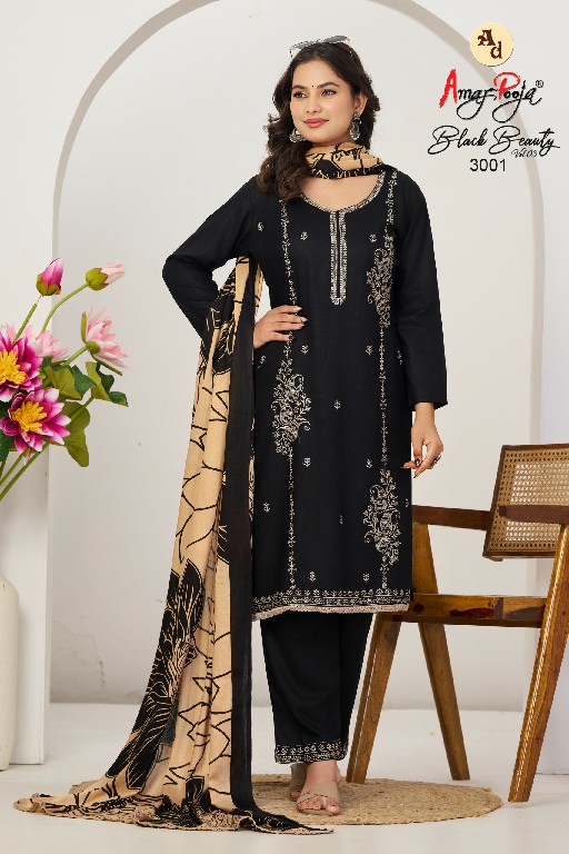 AMAR POOJA BLACK BEAUTY VOL 3 WHOLESALE RAYON WITH WORK FANCY DESIGN UNSTITCH SALWAR SUITS FOR EXPORT