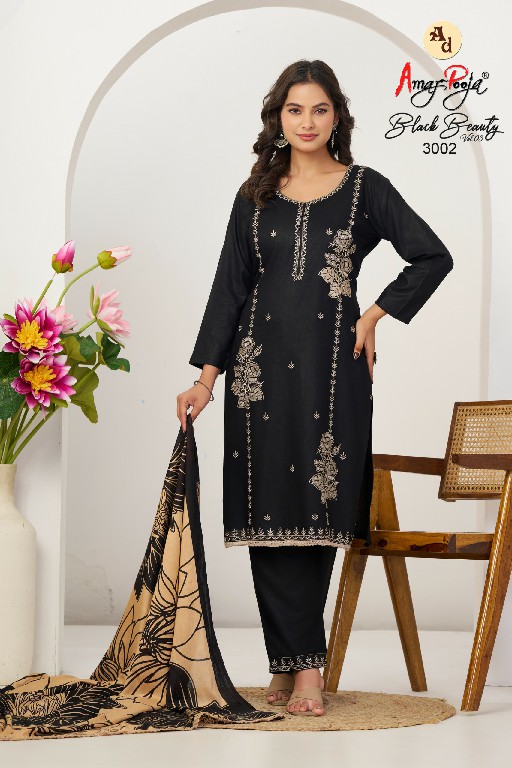 AMAR POOJA BLACK BEAUTY VOL 3 WHOLESALE RAYON WITH WORK FANCY DESIGN UNSTITCH SALWAR SUITS FOR EXPORT