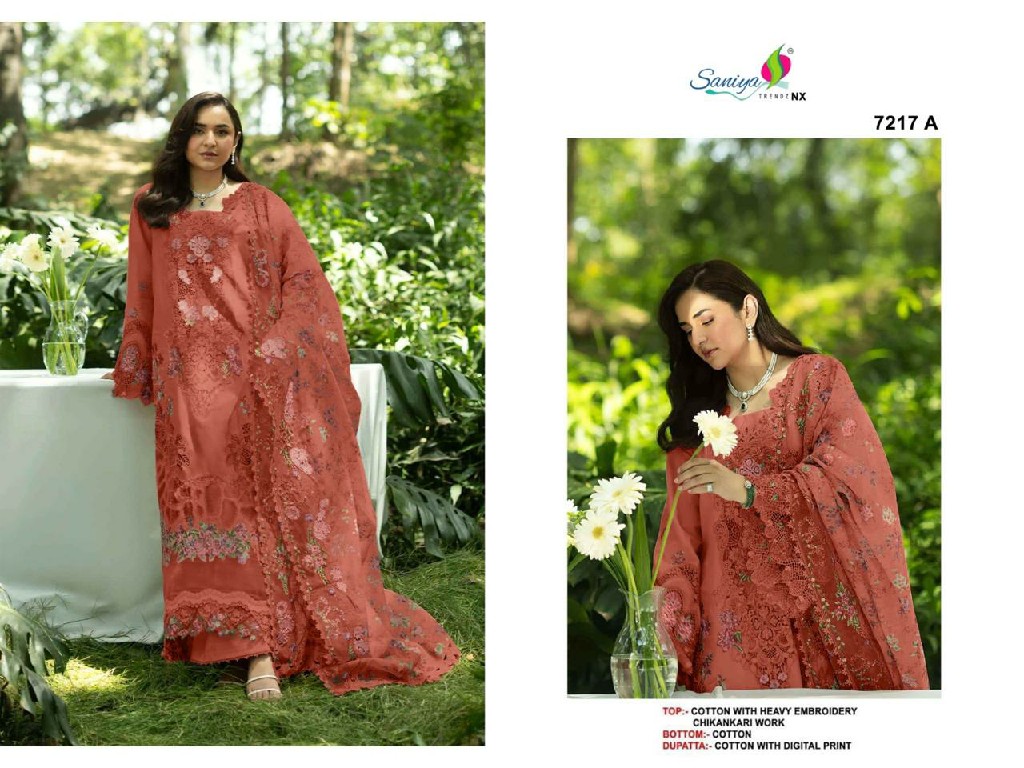 SANIYA TRENDZ D.NO 7217 WHOLESALE COTTON CHIKANKARI EMBROIDERED HIT DESIGN UNSTITCH SALWAR SUITS FOR EXPORT