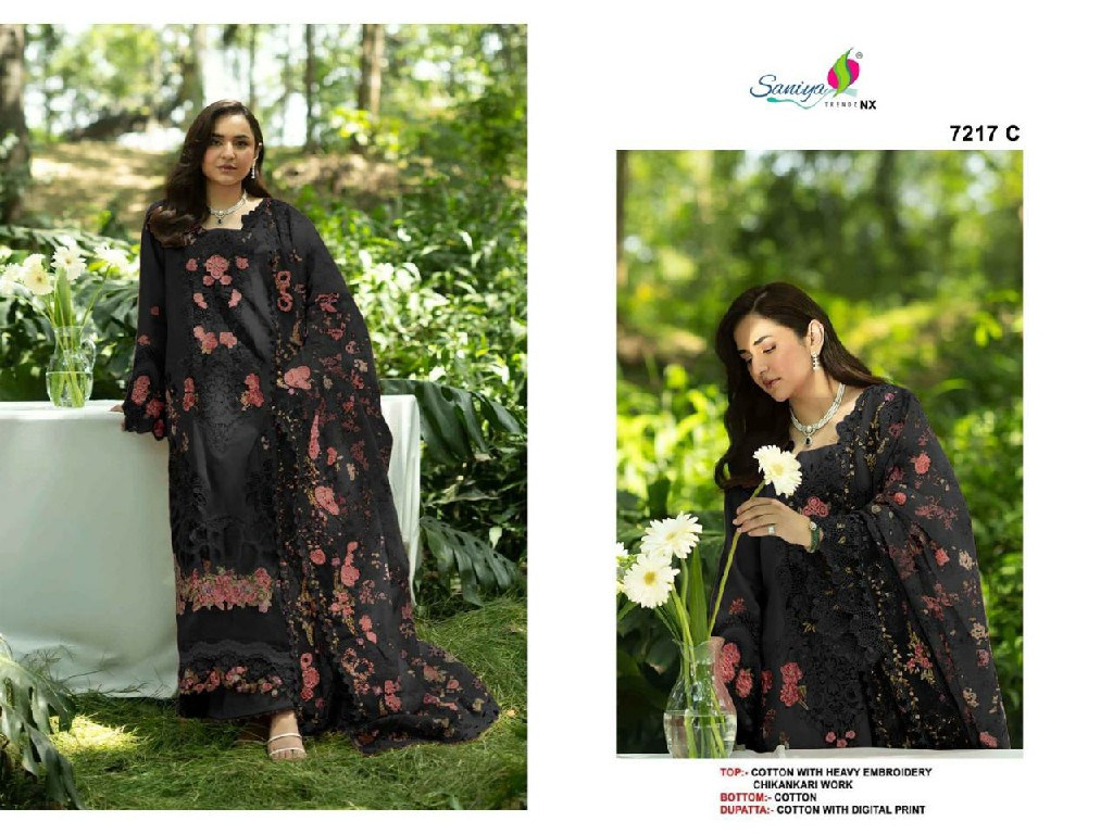 SANIYA TRENDZ D.NO 7217 WHOLESALE COTTON CHIKANKARI EMBROIDERED HIT DESIGN UNSTITCH SALWAR SUITS FOR EXPORT