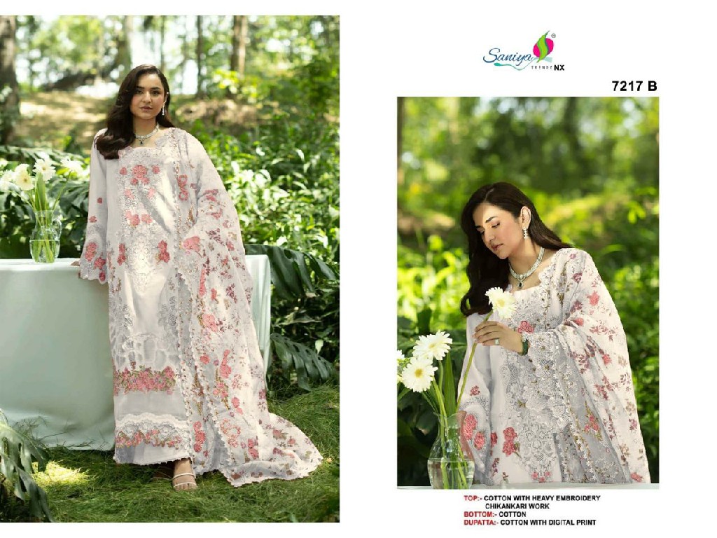 SANIYA TRENDZ D.NO 7217 WHOLESALE COTTON CHIKANKARI EMBROIDERED HIT DESIGN UNSTITCH SALWAR SUITS FOR EXPORT