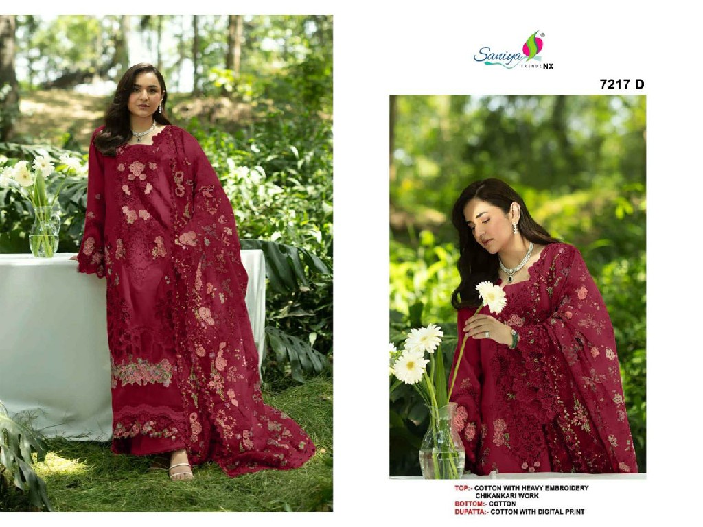 SANIYA TRENDZ D.NO 7217 WHOLESALE COTTON CHIKANKARI EMBROIDERED HIT DESIGN UNSTITCH SALWAR SUITS FOR EXPORT