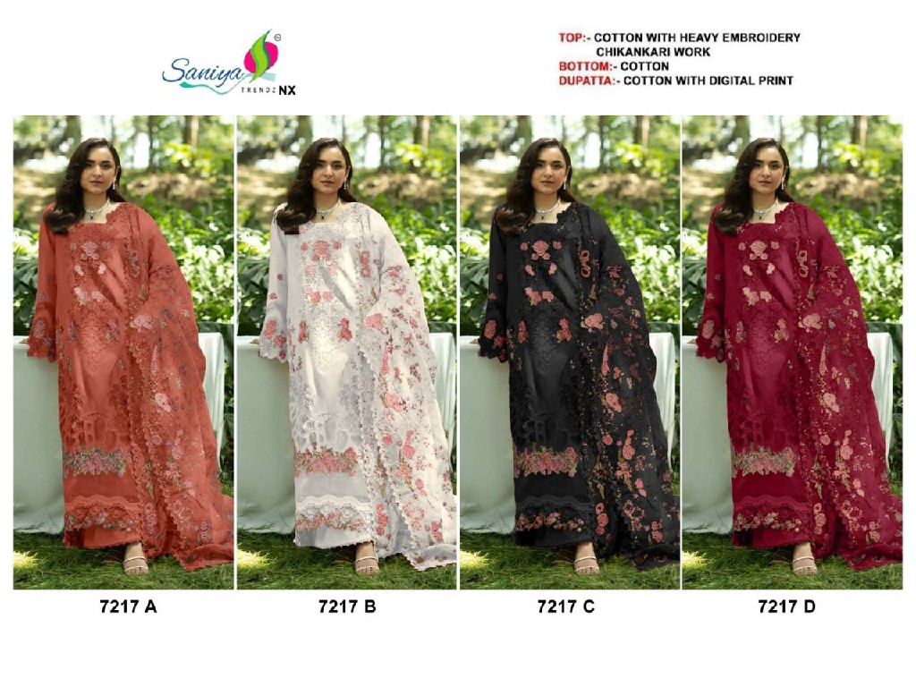 SANIYA TRENDZ D.NO 7217 WHOLESALE COTTON CHIKANKARI EMBROIDERED HIT DESIGN UNSTITCH SALWAR SUITS FOR EXPORT