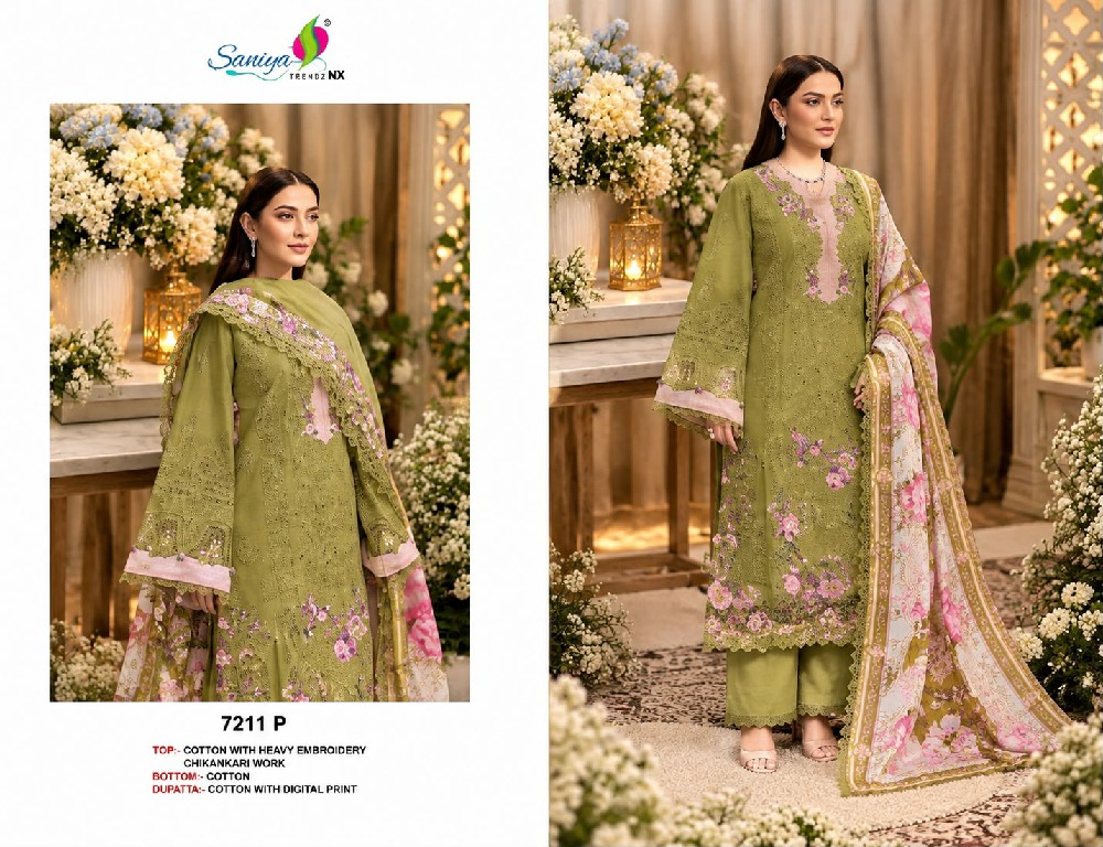 SANIYA TRENDZ D.NO 7211N TO 7211Q WHOLESALE COTTON CHIKANKARI EMBROIDERED UNSTITCH SALWAR SUITS EXPORTER