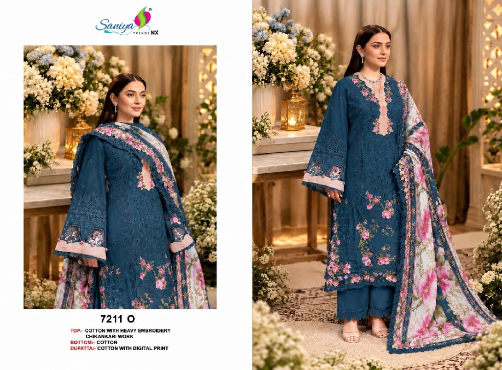 SANIYA TRENDZ D.NO 7211N TO 7211Q WHOLESALE COTTON CHIKANKARI EMBROIDERED UNSTITCH SALWAR SUITS EXPORTER