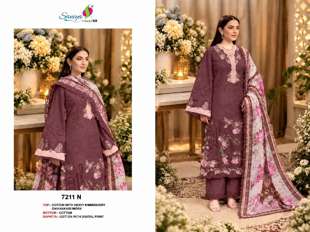 SANIYA TRENDZ D.NO 7211N TO 7211Q WHOLESALE COTTON CHIKANKARI EMBROIDERED UNSTITCH SALWAR SUITS EXPORTER