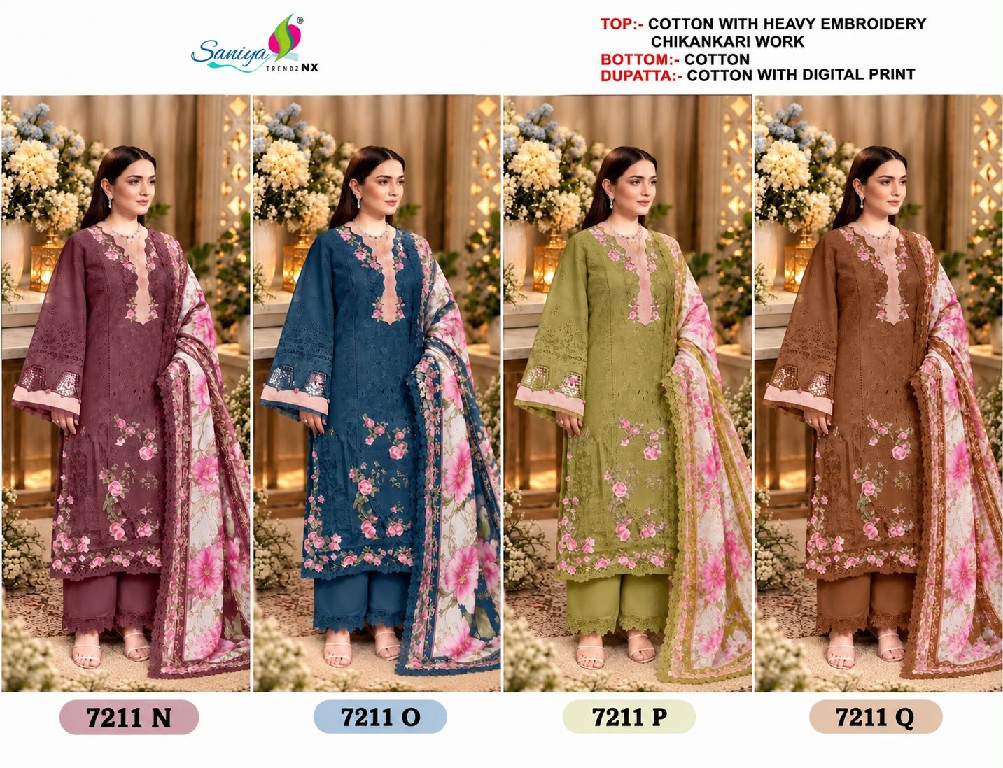 SANIYA TRENDZ D.NO 7211N TO 7211Q WHOLESALE COTTON CHIKANKARI EMBROIDERED UNSTITCH SALWAR SUITS EXPORTER