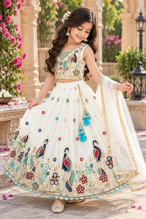 TEXTILEDEAL PRESENT READYMADE GEORGETTE NEW PEACOCK DESIGN LEHENGA CHOLI FOR KIDS ONLINE