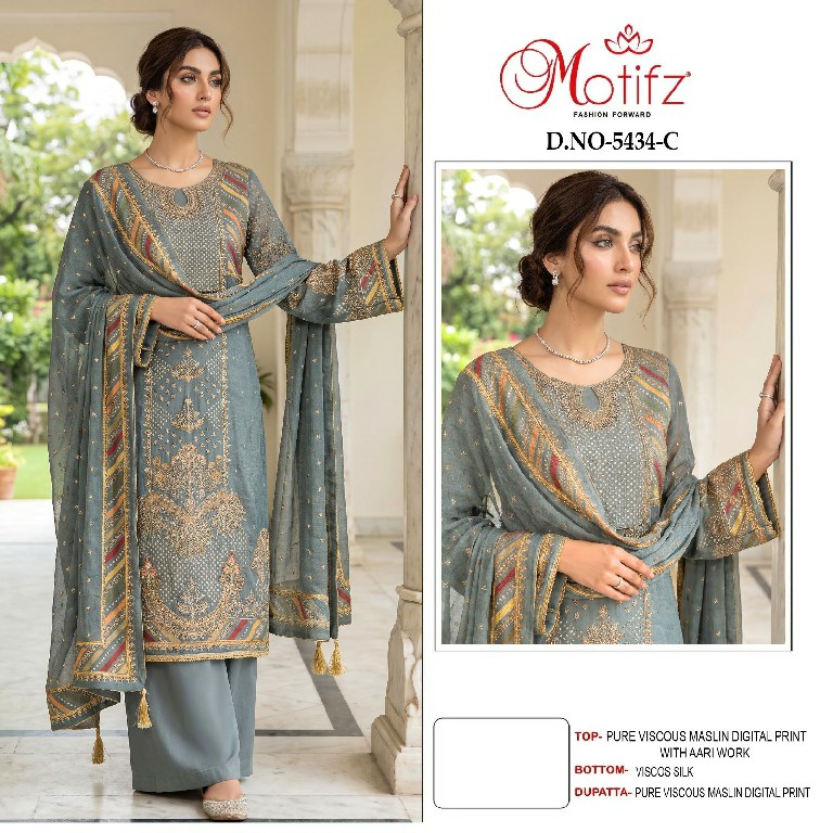 MOTIFZ D.NO 5434 WHOLESALE VISCOSE MUSLIN AMAZING PAKISTANI UNSTITCH SALWAR SUITS EXPORTER