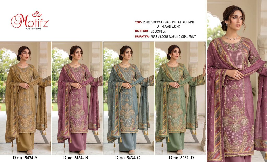 MOTIFZ D.NO 5434 WHOLESALE VISCOSE MUSLIN AMAZING PAKISTANI UNSTITCH SALWAR SUITS EXPORTER