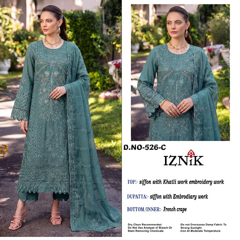 IZNIK FAB D.NO 526 WHOLESALE HEAVY CHIFFON PAKISTANI HIT DESIGN UNSTITCH SALWAR SUITS FOR EXPORT