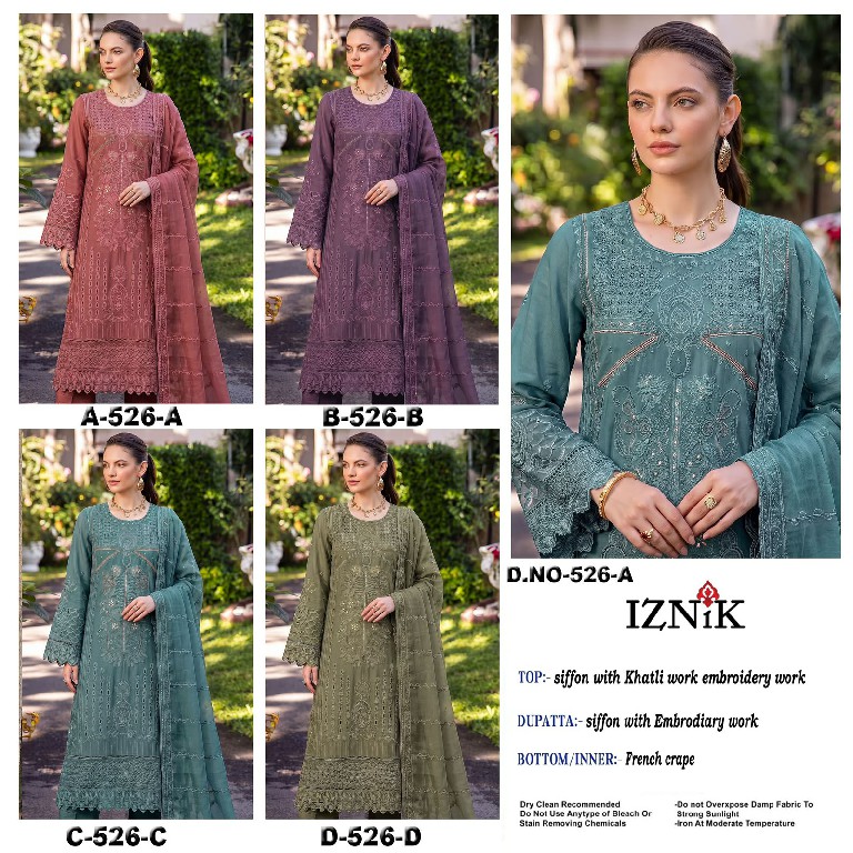 IZNIK FAB D.NO 526 WHOLESALE HEAVY CHIFFON PAKISTANI HIT DESIGN UNSTITCH SALWAR SUITS FOR EXPORT