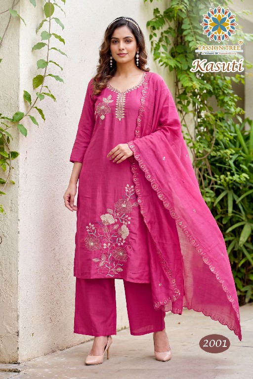 PASSION TREE KASUTI VOL 2 WHOLESALE READYMADE MAL CHANDERI BIG SIZE STRAIGHT CUT 3 PCS SUITS EXPORTER