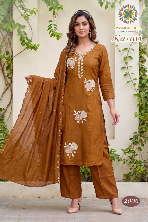 PASSION TREE KASUTI VOL 2 WHOLESALE READYMADE MAL CHANDERI BIG SIZE STRAIGHT CUT 3 PCS SUITS EXPORTER