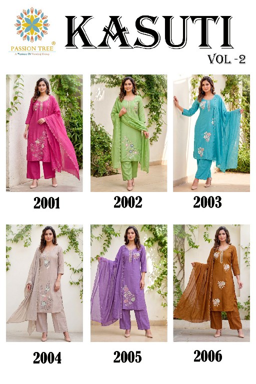 PASSION TREE KASUTI VOL 2 WHOLESALE READYMADE MAL CHANDERI BIG SIZE STRAIGHT CUT 3 PCS SUITS EXPORTER