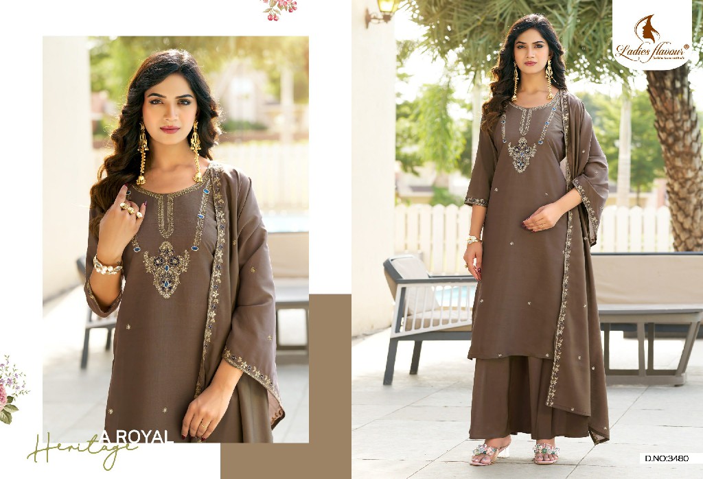 LADIES FLAVOURS D.NO 3482 TO 3484 WHOLESALE READYMADE MULL CHANDERI WITH HAND WORK 3 PCS COMBO SET SUITS SUPPLIER