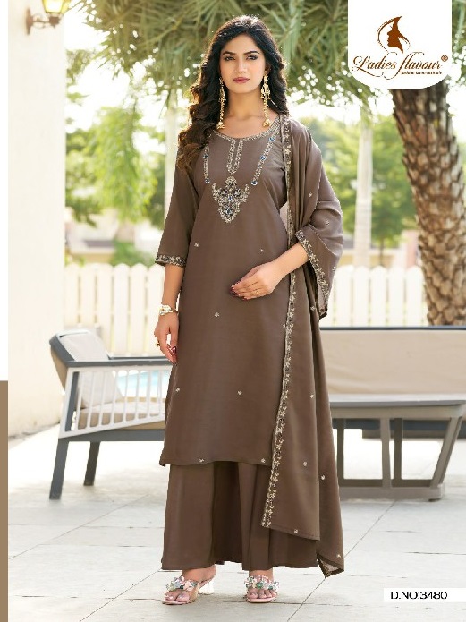 LADIES FLAVOURS D.NO 3482 TO 3484 WHOLESALE READYMADE MULL CHANDERI WITH HAND WORK 3 PCS COMBO SET SUITS SUPPLIER