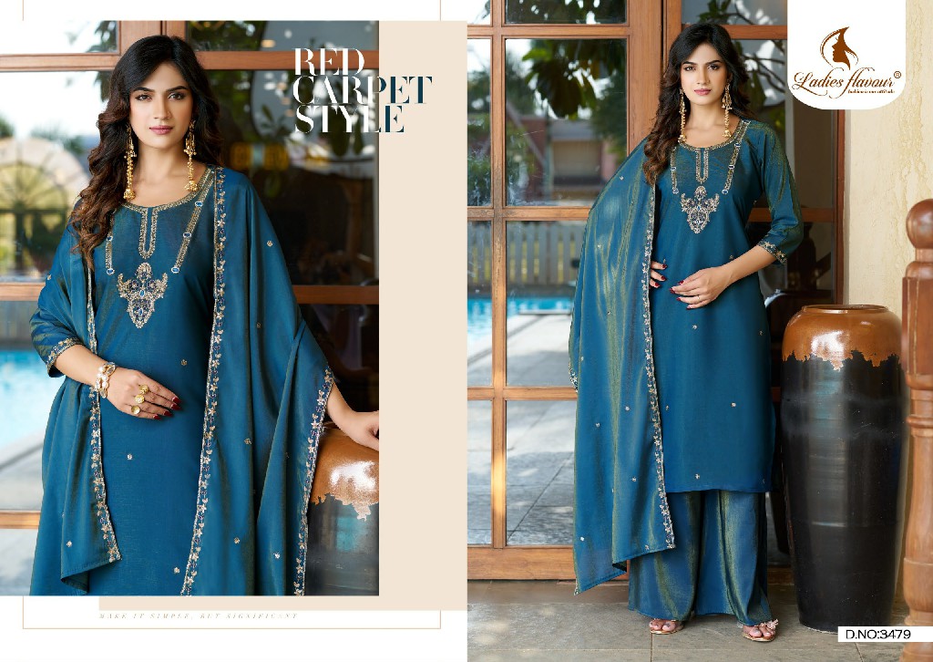 LADIES FLAVOURS D.NO 3482 TO 3484 WHOLESALE READYMADE MULL CHANDERI WITH HAND WORK 3 PCS COMBO SET SUITS SUPPLIER