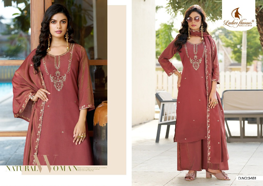 LADIES FLAVOURS D.NO 3482 TO 3484 WHOLESALE READYMADE MULL CHANDERI WITH HAND WORK 3 PCS COMBO SET SUITS SUPPLIER