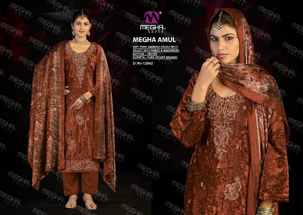 MEGHALI AMUL WHOLESALE PURE DIAMOND CRUSH VELVET WINTER WEAR UNSTITCH SALWAR SUITS SUPPLIER