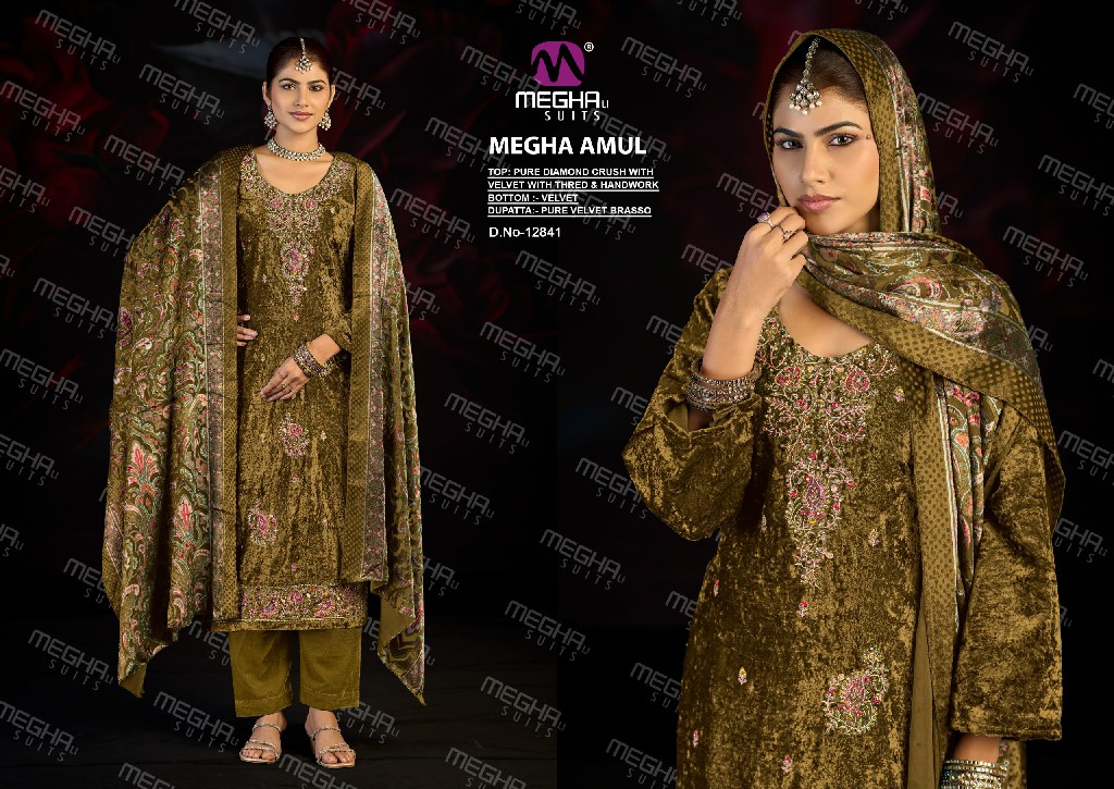 MEGHALI AMUL WHOLESALE PURE DIAMOND CRUSH VELVET WINTER WEAR UNSTITCH SALWAR SUITS SUPPLIER