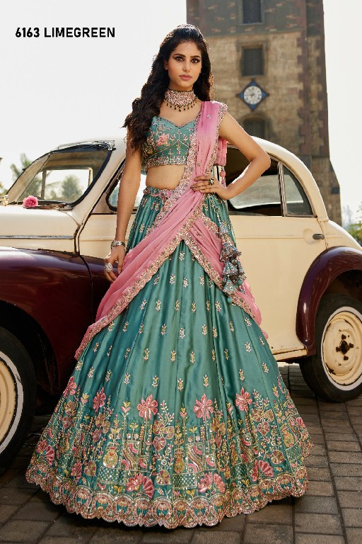 PF SERIES D.NO 6163 WHOLESALE PURE GEORGETTE HEAVY WORK FULL FLARED OCCASION WEAR LEHENGA CHOLI FOR EXPORT