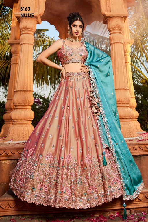PF SERIES D.NO 6163 WHOLESALE PURE GEORGETTE HEAVY WORK FULL FLARED OCCASION WEAR LEHENGA CHOLI FOR EXPORT