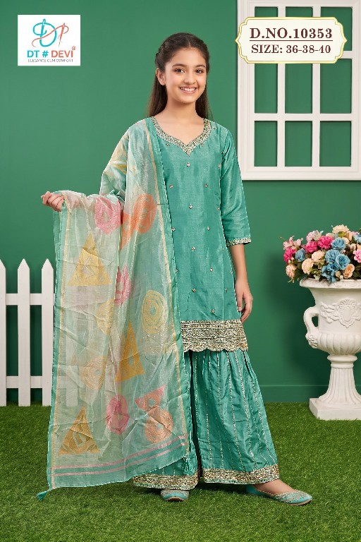DT DEVI SHUBHANGI VOL 1 WHOLESALE READYMADE ROMAN GLASS FESTIVE WEAR SHARARZA STYLE 3 PCS COMBO SET SUITS FOR KIDS ONLINE