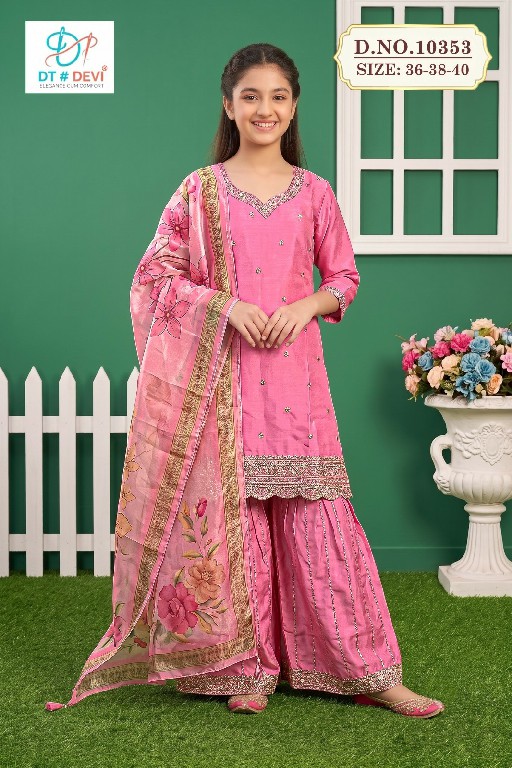 DT DEVI SHUBHANGI VOL 1 WHOLESALE READYMADE ROMAN GLASS FESTIVE WEAR SHARARZA STYLE 3 PCS COMBO SET SUITS FOR KIDS ONLINE