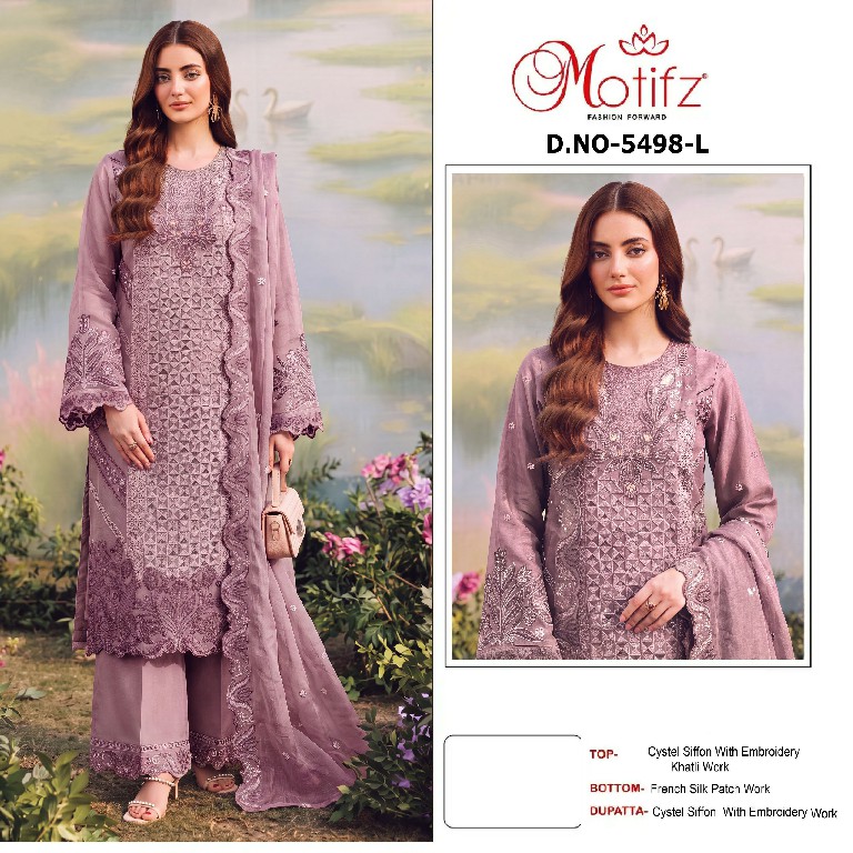 MOTIFZ D.NO 5498 WHOLESALE CRYSTAL CHIFFON PAKISTANI BEAUTIFUL UNSTITCH SALWAR SUITS SUPPLIER
