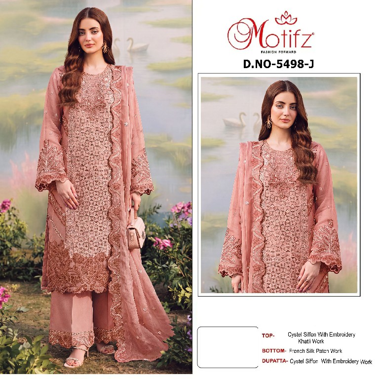 MOTIFZ D.NO 5498 WHOLESALE CRYSTAL CHIFFON PAKISTANI BEAUTIFUL UNSTITCH SALWAR SUITS SUPPLIER