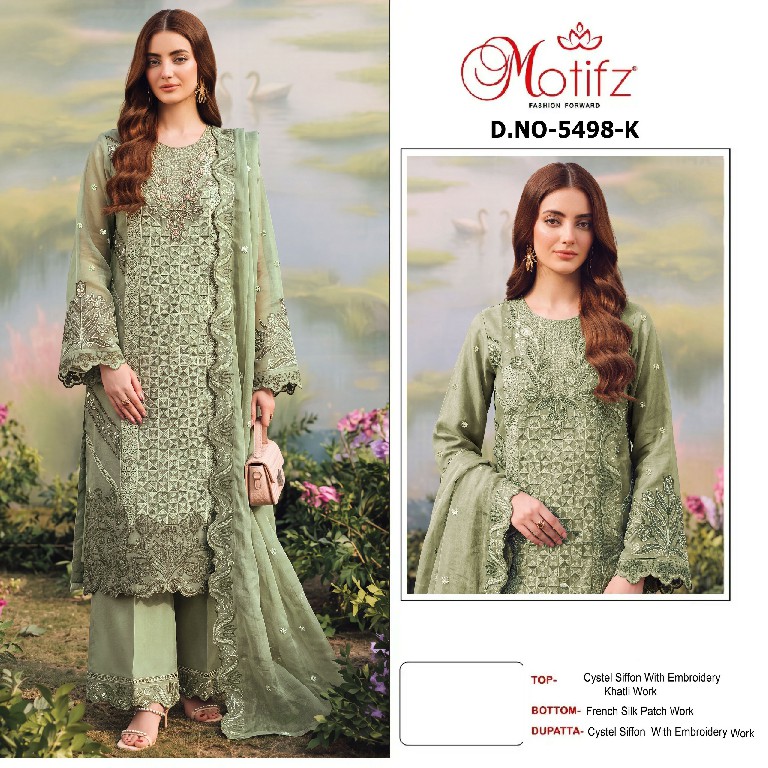 MOTIFZ D.NO 5498 WHOLESALE CRYSTAL CHIFFON PAKISTANI BEAUTIFUL UNSTITCH SALWAR SUITS SUPPLIER