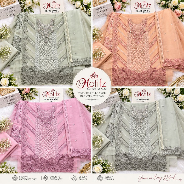 MOTIFZ D.NO 5498 WHOLESALE CRYSTAL CHIFFON PAKISTANI BEAUTIFUL UNSTITCH SALWAR SUITS SUPPLIER