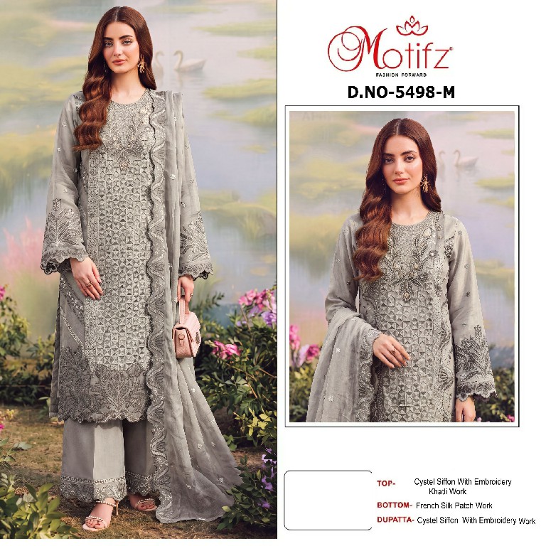 MOTIFZ D.NO 5498 WHOLESALE CRYSTAL CHIFFON PAKISTANI BEAUTIFUL UNSTITCH SALWAR SUITS SUPPLIER