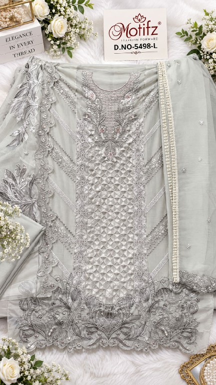 MOTIFZ D.NO 5498 WHOLESALE CRYSTAL CHIFFON PAKISTANI BEAUTIFUL UNSTITCH SALWAR SUITS SUPPLIER