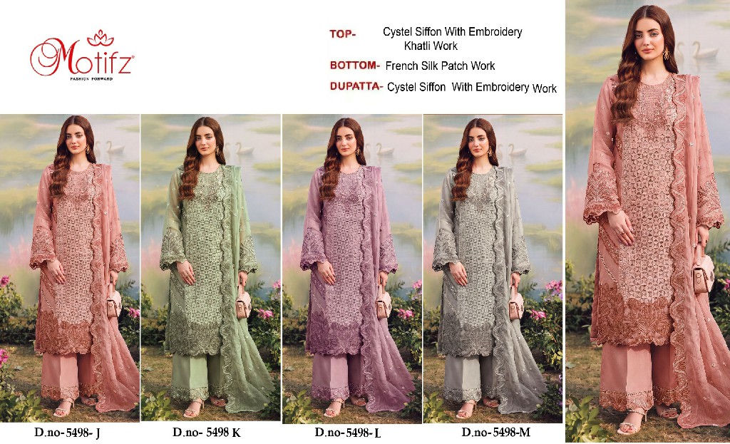 MOTIFZ D.NO 5498 WHOLESALE CRYSTAL CHIFFON PAKISTANI BEAUTIFUL UNSTITCH SALWAR SUITS SUPPLIER