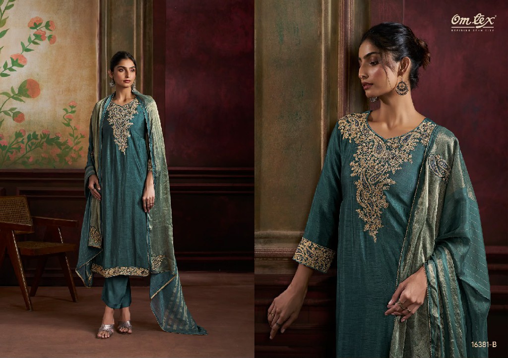OMTEX ESHA WHOLESALE RAW SILK SATIN WITH WORK UNSTITCH SALWAR SUITS FOR EXPORT
