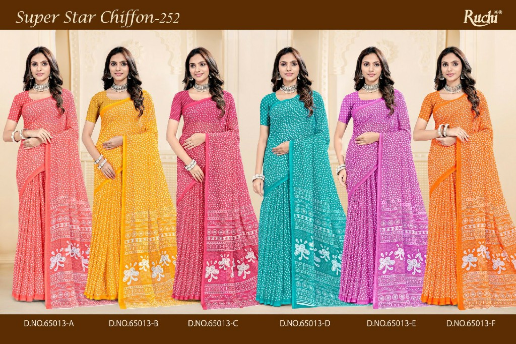 RUCHI SUPER STAR CHIFFON VOL 252 WHOLESALE CHIFFON PRINTED PRETTY LOOK INDIAN SAREES FOR WOMEN EXPORTER