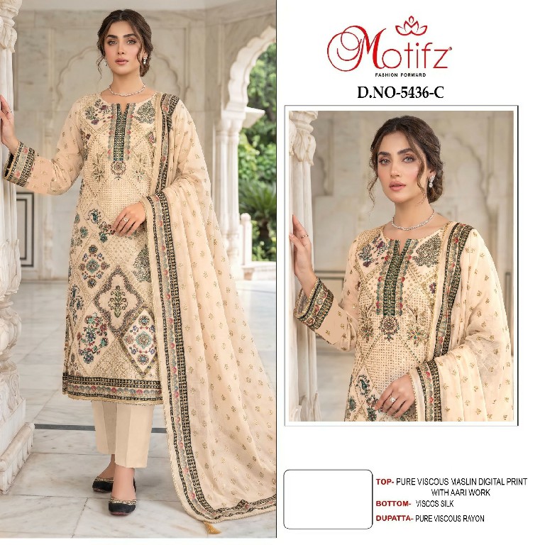 MOTIFZ D.NO 5436 WHOLESALE PURE VISCOSE MUSLIN GORGEOUS LOOK UNSTITCH SALWAR SUITS SUPPLIER