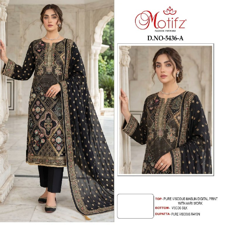 MOTIFZ D.NO 5436 WHOLESALE PURE VISCOSE MUSLIN GORGEOUS LOOK UNSTITCH SALWAR SUITS SUPPLIER