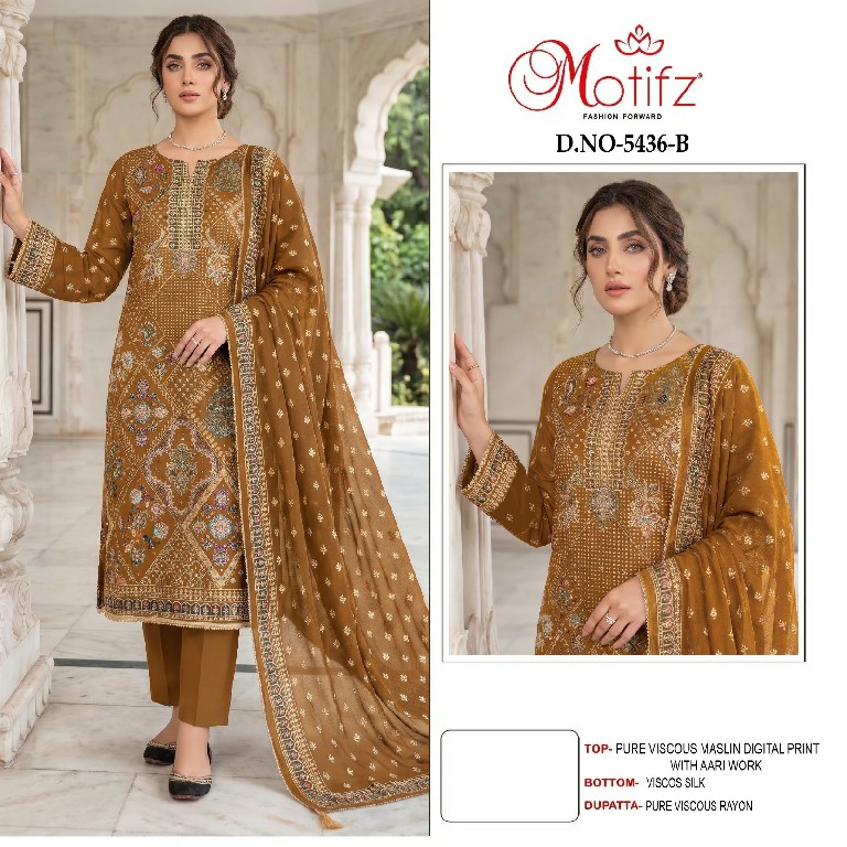MOTIFZ D.NO 5436 WHOLESALE PURE VISCOSE MUSLIN GORGEOUS LOOK UNSTITCH SALWAR SUITS SUPPLIER
