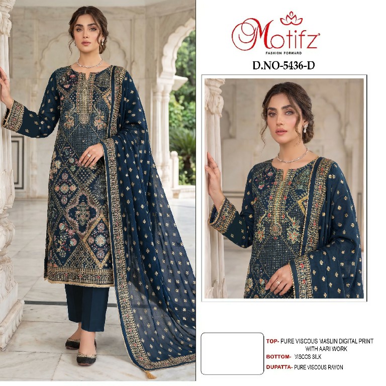 MOTIFZ D.NO 5436 WHOLESALE PURE VISCOSE MUSLIN GORGEOUS LOOK UNSTITCH SALWAR SUITS SUPPLIER